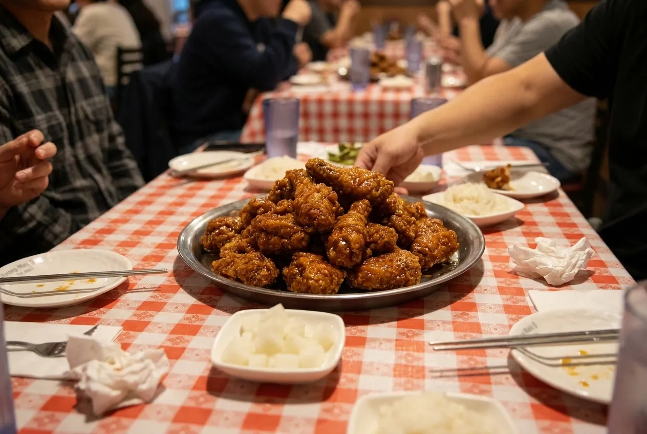 A shared platter landing on a crowded table late in the evening