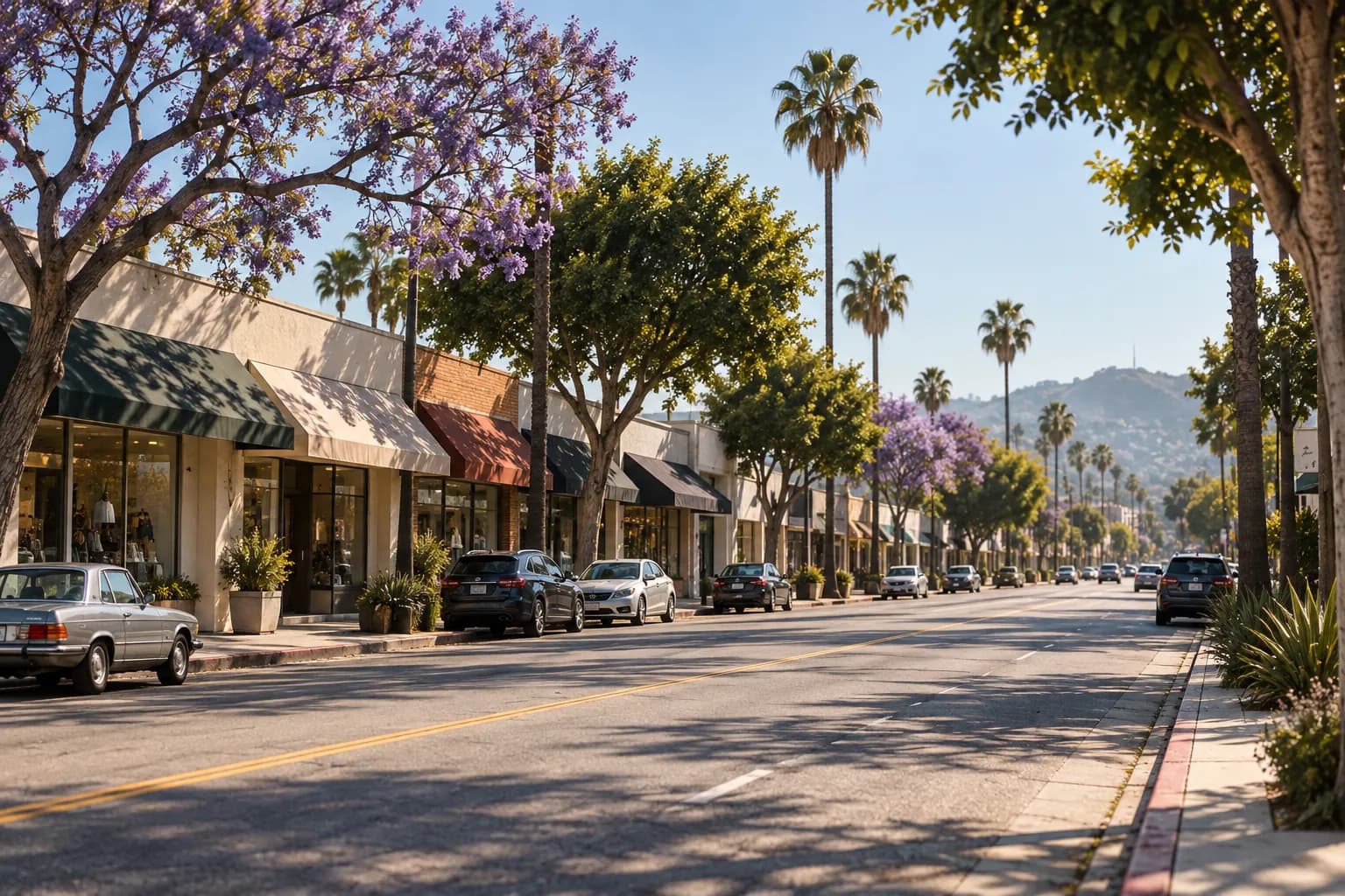 A tree-lined boulevard of shopfronts in the San Fernando Valley