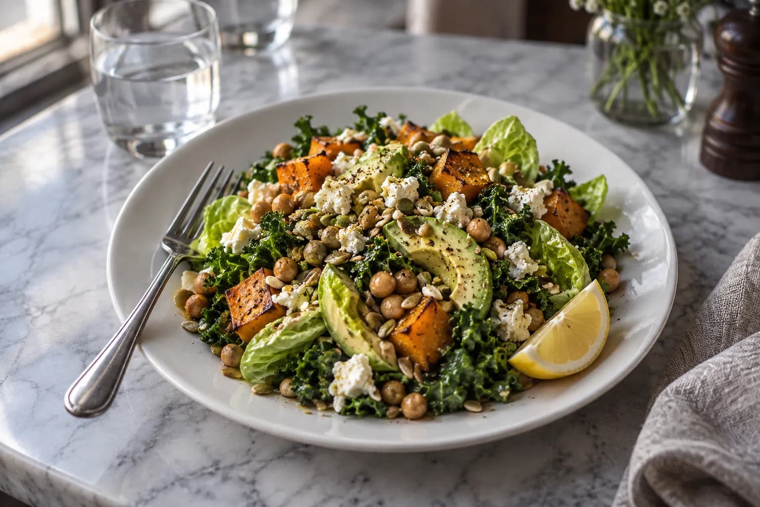 A large composed salad on a ceramic plate in a bright cafe