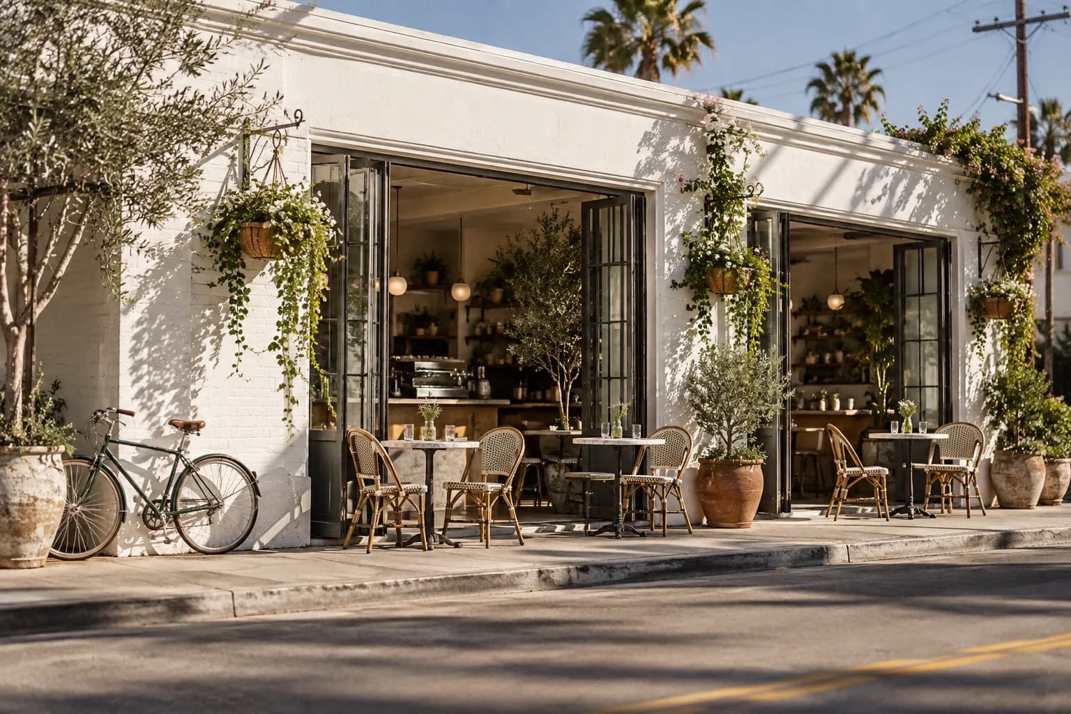 A white-painted café frontage with plants on a Venice boulevard