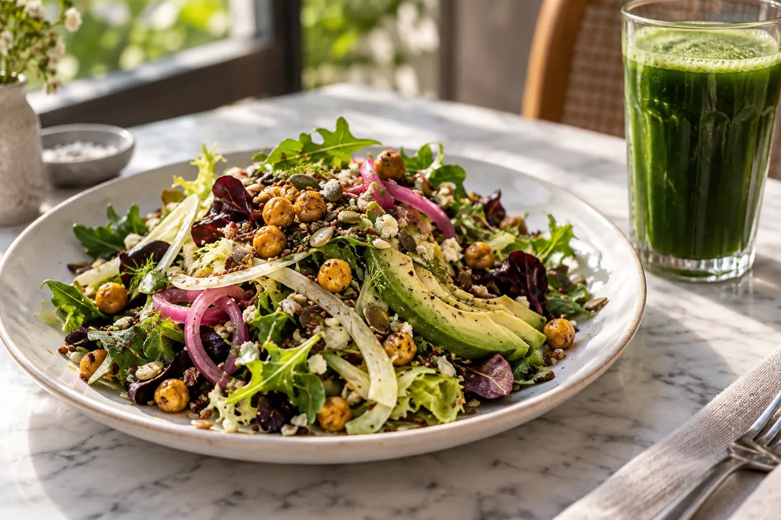 A large salad with greens, seeds and avocado beside a green juice