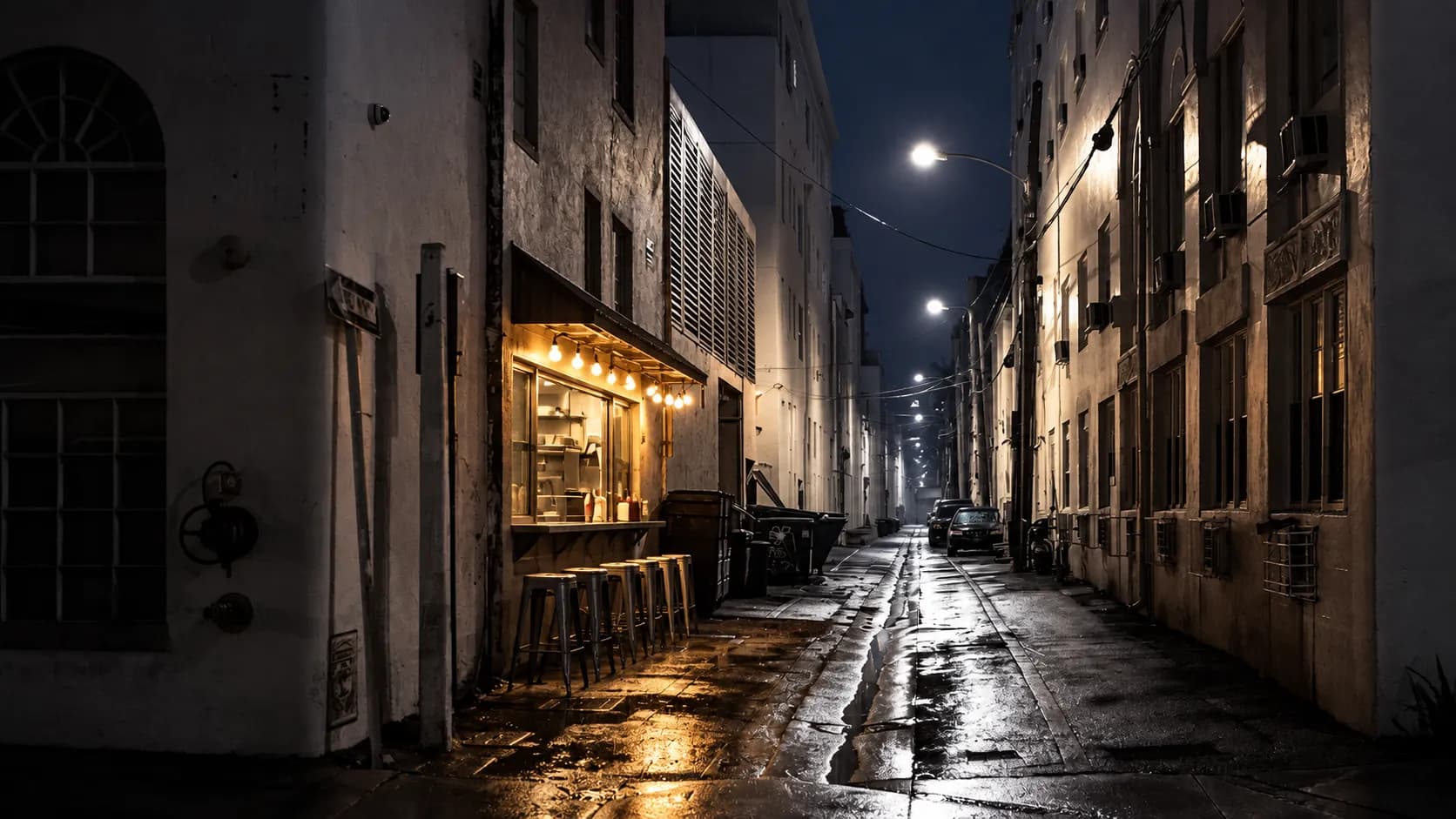 Covered outdoor walk-up counter in a narrow alley at night, stools pulled up to a stainless ledge under a strip of warm bulbs, painted stucco walls and wet asphalt