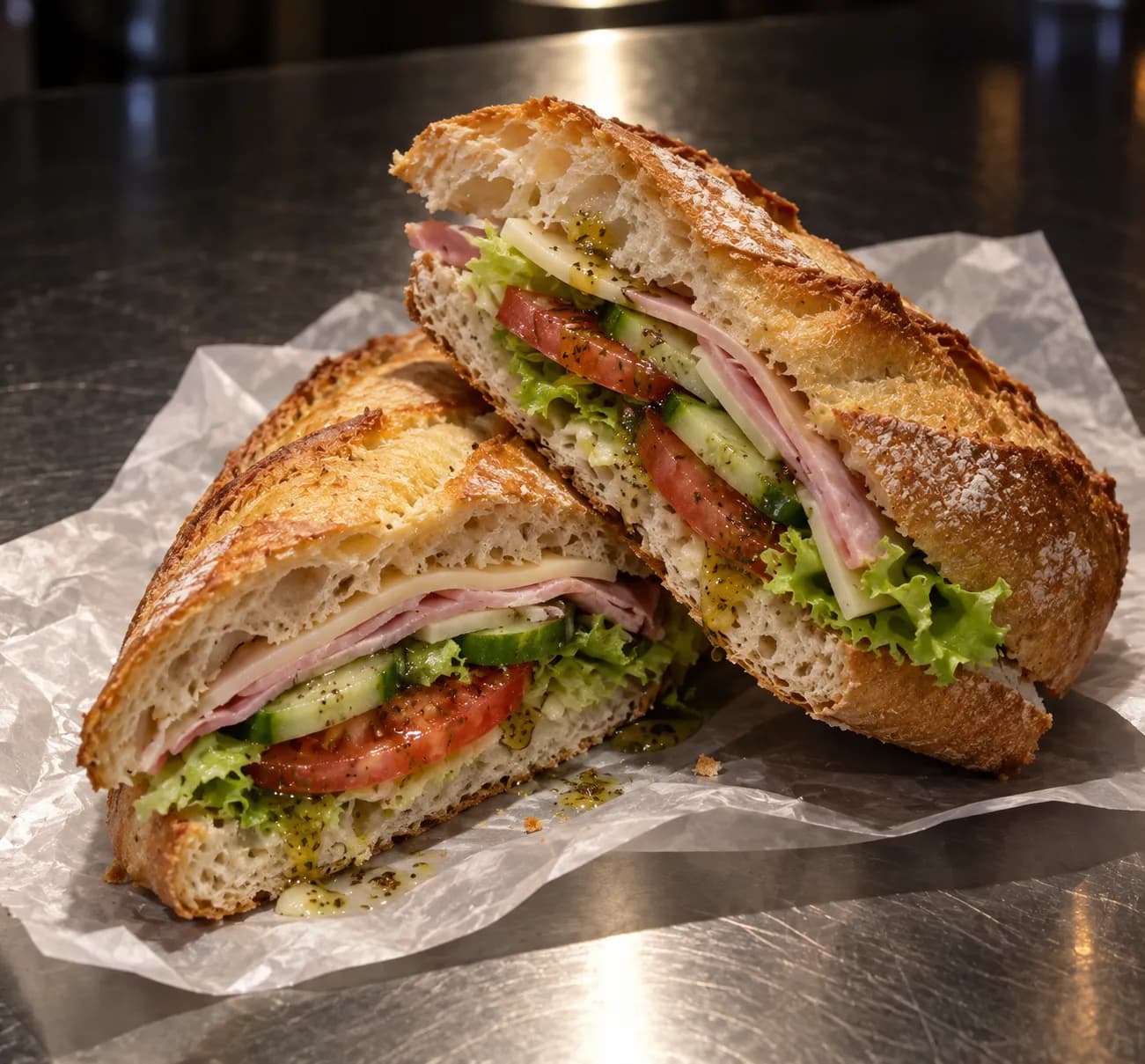 French baguette sandwich cut on the diagonal on wax paper, layered cold cuts, cheese and crisp vegetables with herb vinaigrette visible at the cut edge