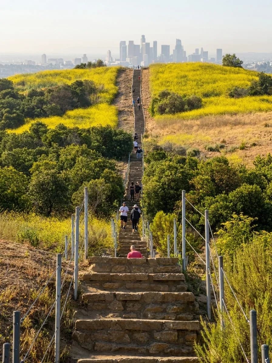 Steep Baldwin Hills Scenic Overlook staircase rising above Los Angeles