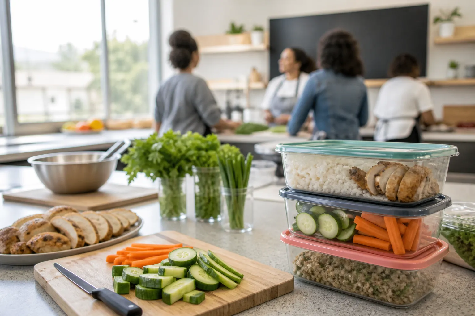 Meal prep containers and chopped vegetables in a bright Westside cooking class kitchen.