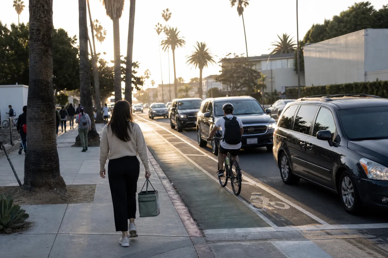 Morning Westside street with school drop-off traffic and a parent carrying lunch gear.