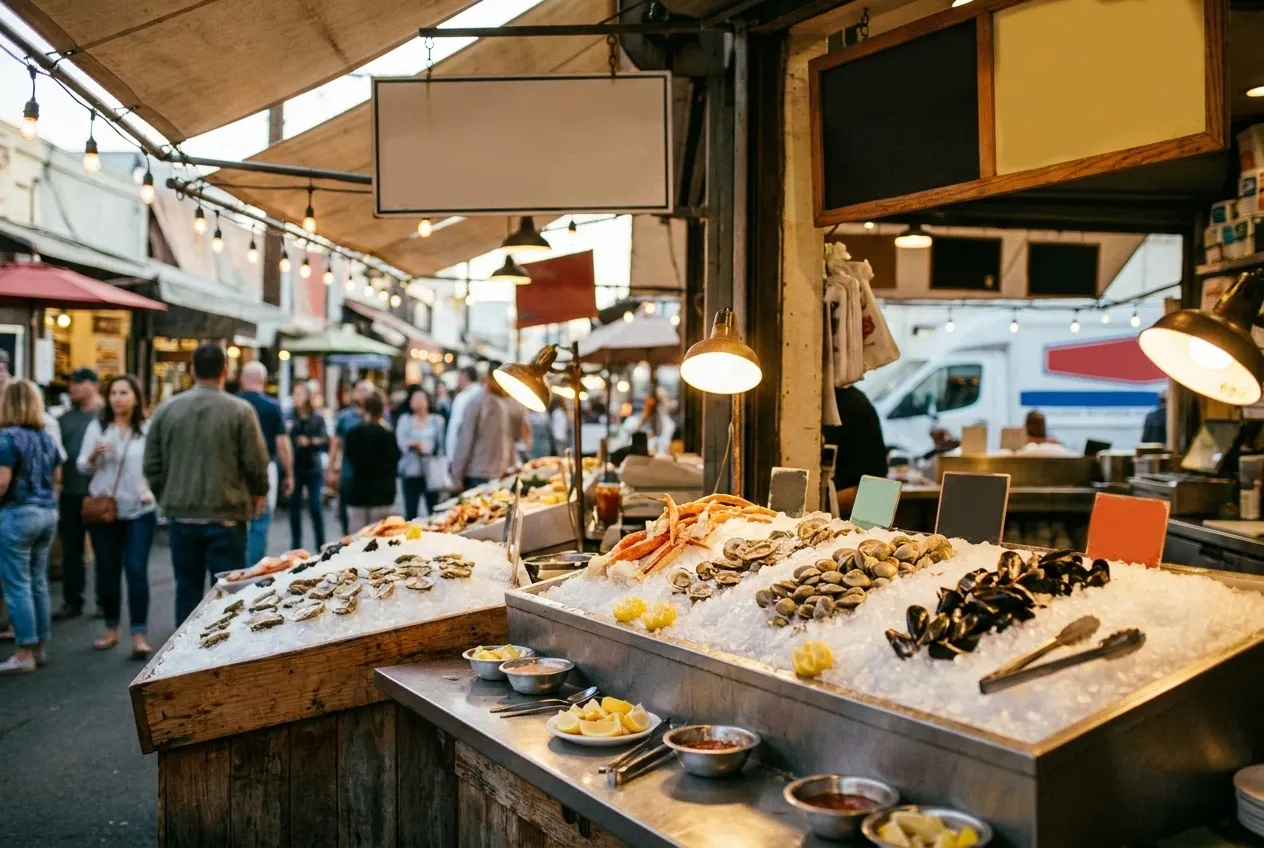 A raw bar counter with shellfish set out on crushed ice under warm light