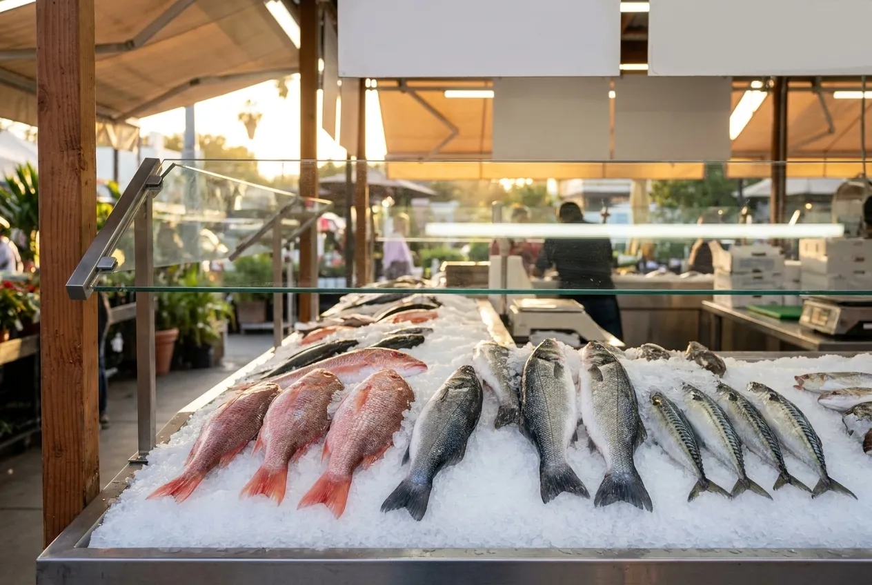Whole fish laid out on ice at a market counter, tails towards the glass