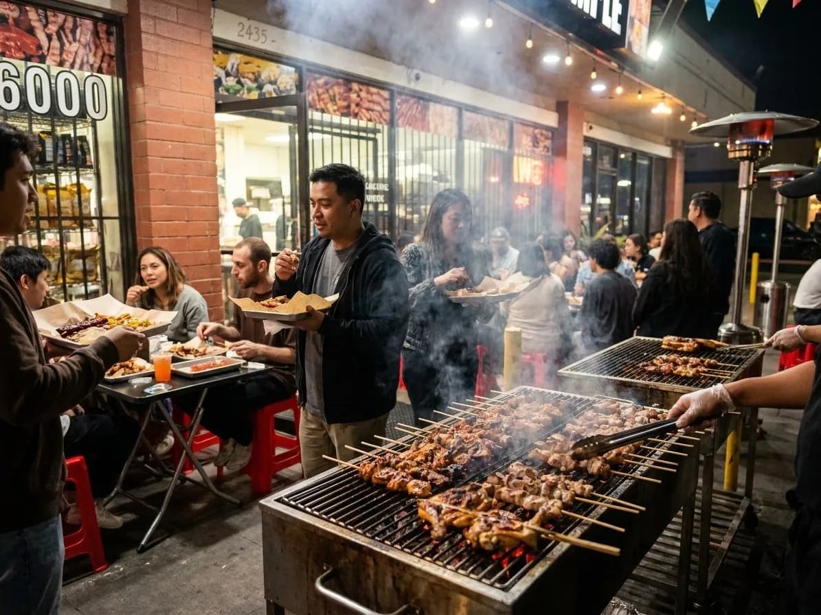 Grilled Filipino skewers and street food at night in Historic Filipinotown, Los Angeles