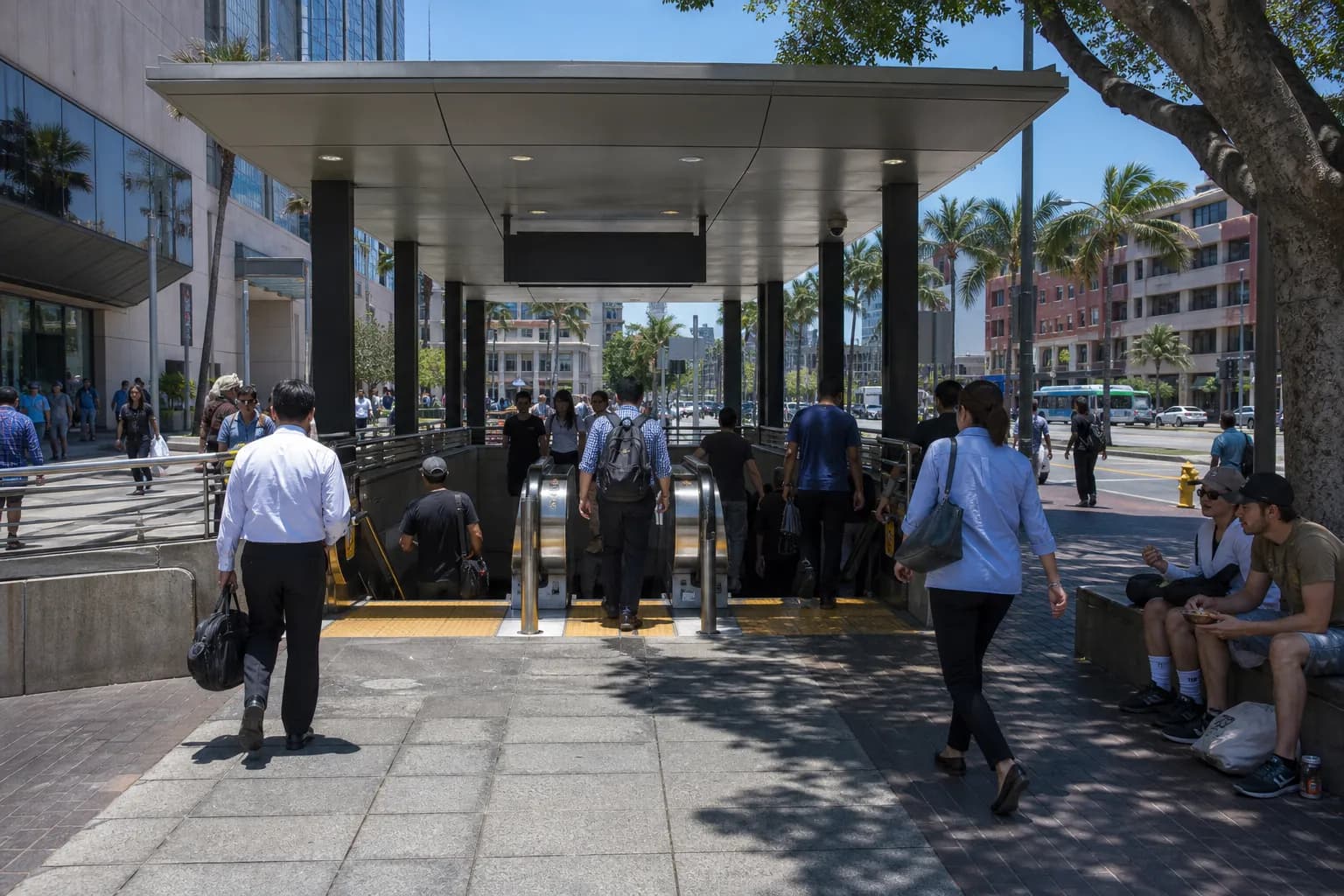 Metro station entrance in central Los Angeles near weekday lunch traffic