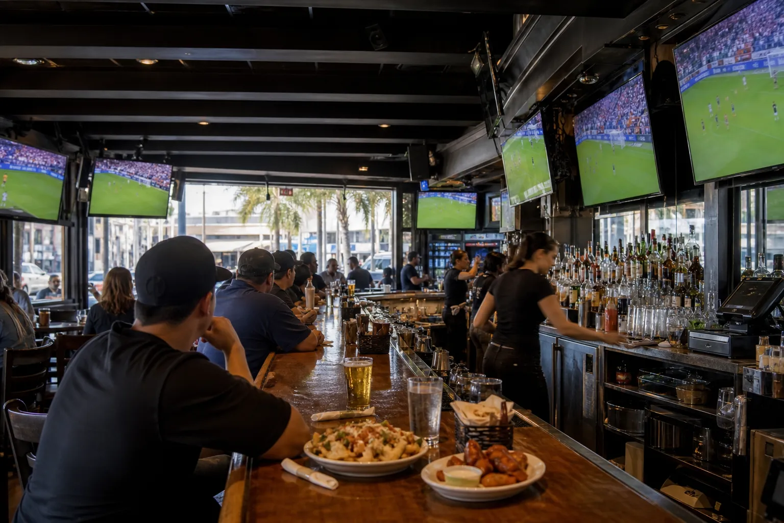 Sports bar counter with soccer on screens during a weekday lunch