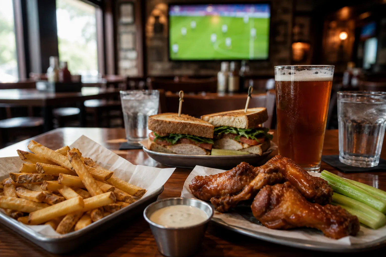 Quick lunch order on a bar table during a soccer watch break