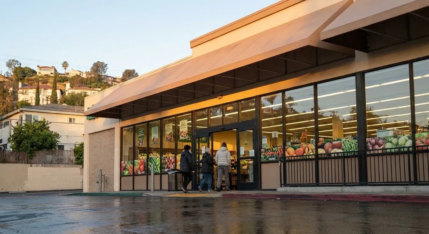 Lassens Natural Foods storefront on Hillhurst Avenue in Los Feliz Village with large windows and organic produce signs visible