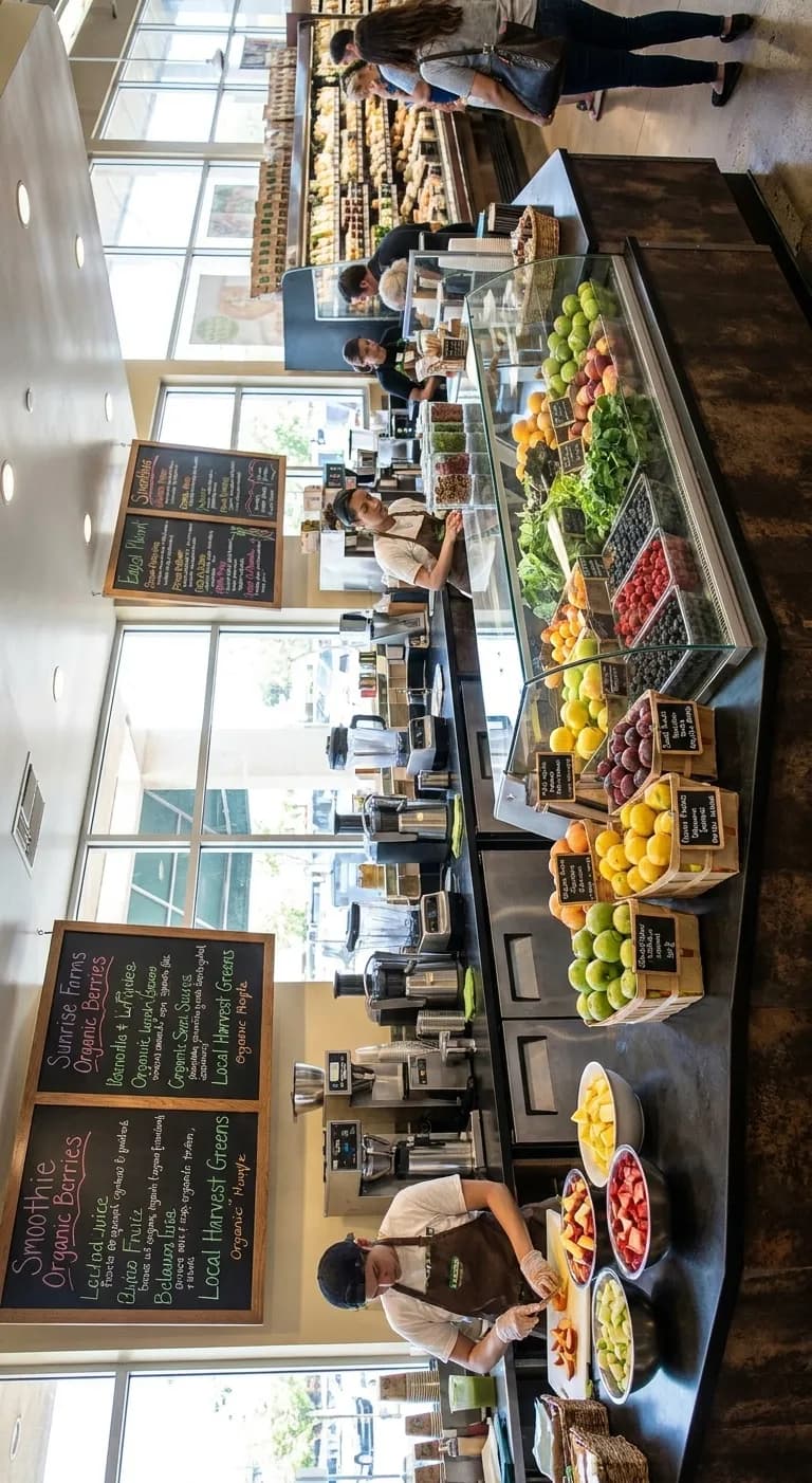 Juice bar counter at Lassens with fresh organic fruit displayed and menu boards showing smoothie ingredients and supplier information
