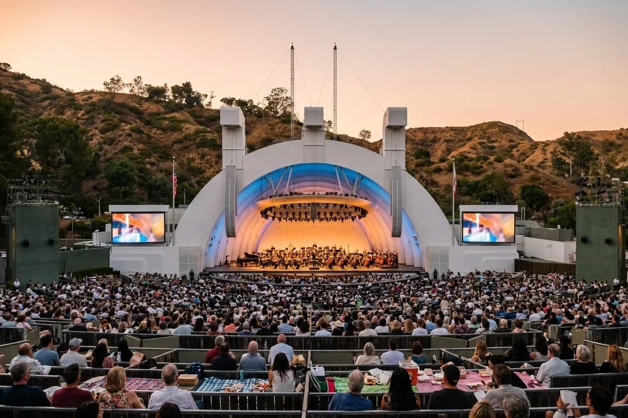 Dusk crowd picnicking at the Hollywood Bowl in Los Angeles