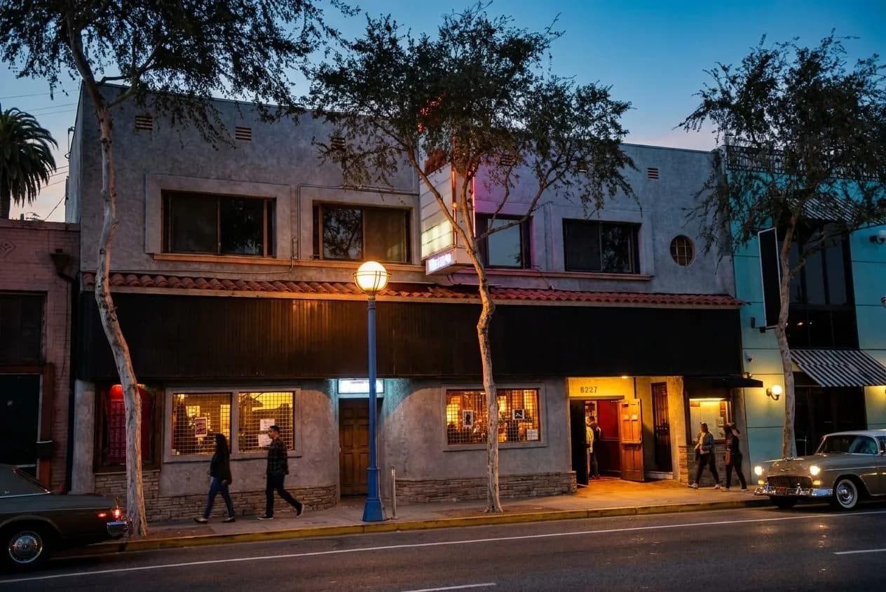 Historic West Hollywood music venue exterior at dusk