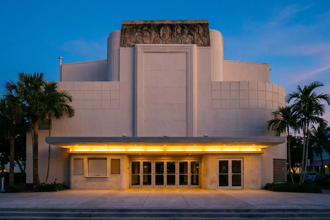 A mid-century Miami Beach theater frontage at dusk, pale stucco under a deep flat canopy with a small shuttered ticket window set into the wall and royal palms flanking the row of glass entrance doors