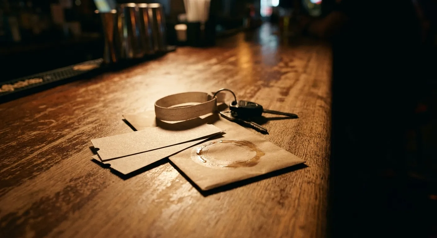 A worn wooden Miami bar top at night with two blank paper ticket stubs, a plain cloth wristband, car keys and a condensation ring, lit warm from one side