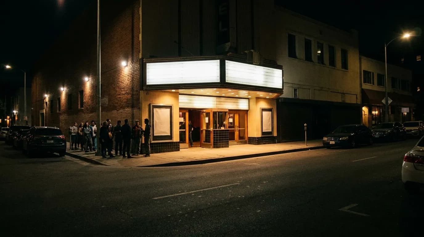 A phone held up showing a blank ticket screen outside a lit venue entrance at night, a queue and a doorway glowing behind it