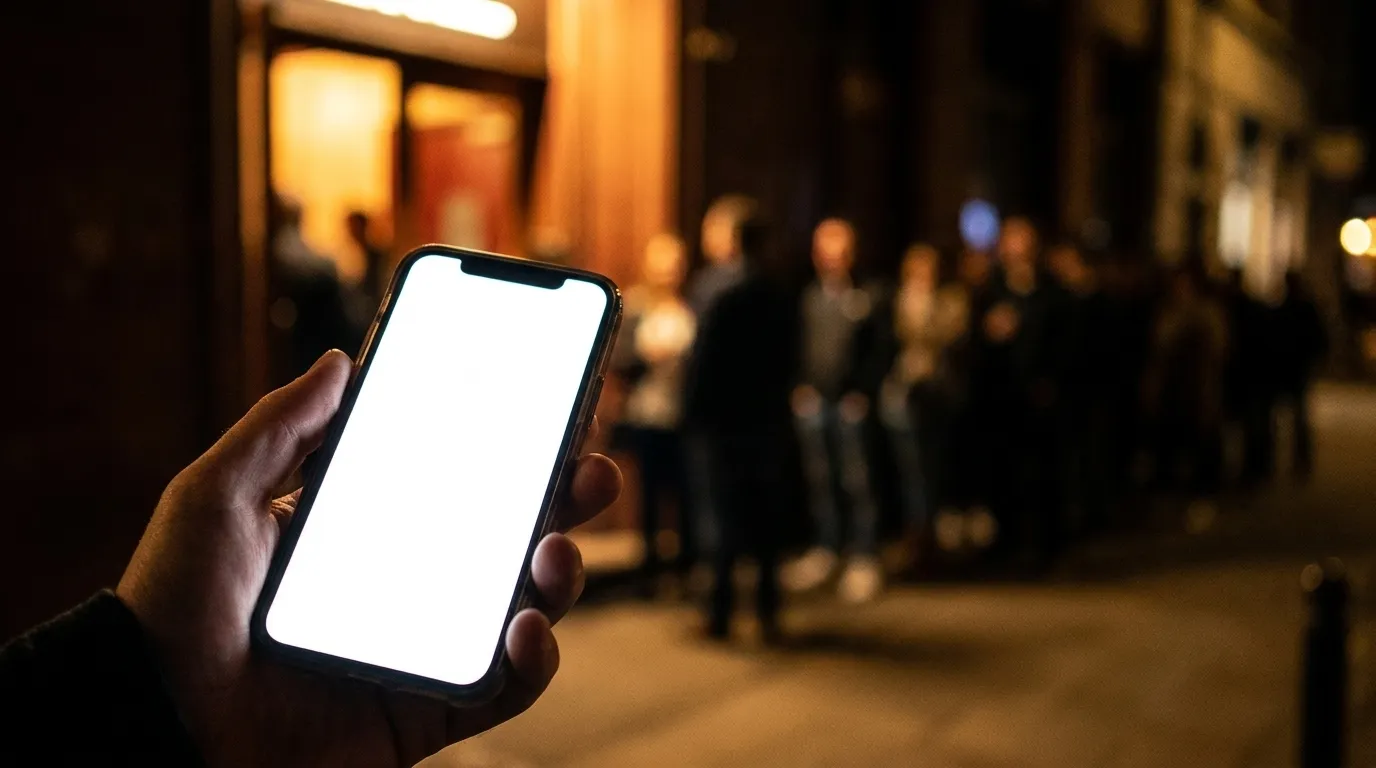 A close view of a hand holding a phone at night with a blank bright screen, the out-of-focus glow of a venue doorway and a queue behind it