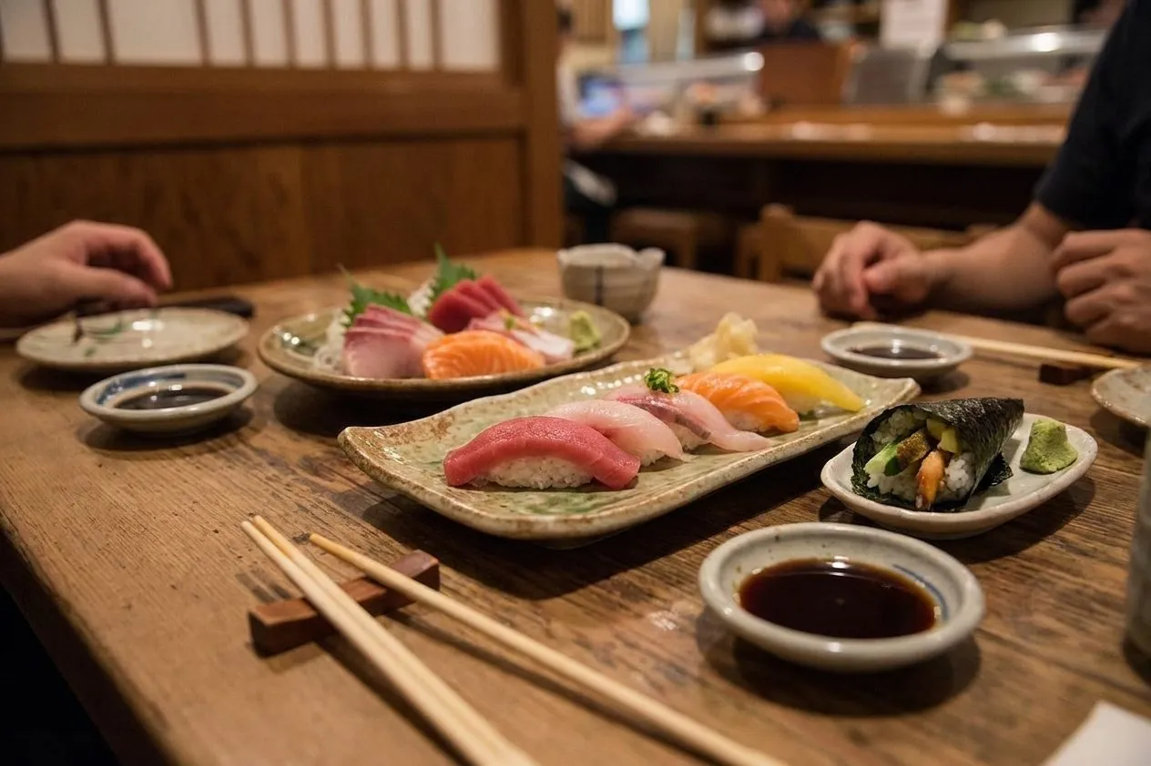 A carefully plated sushi spread in Little Tokyo with warm evening light.