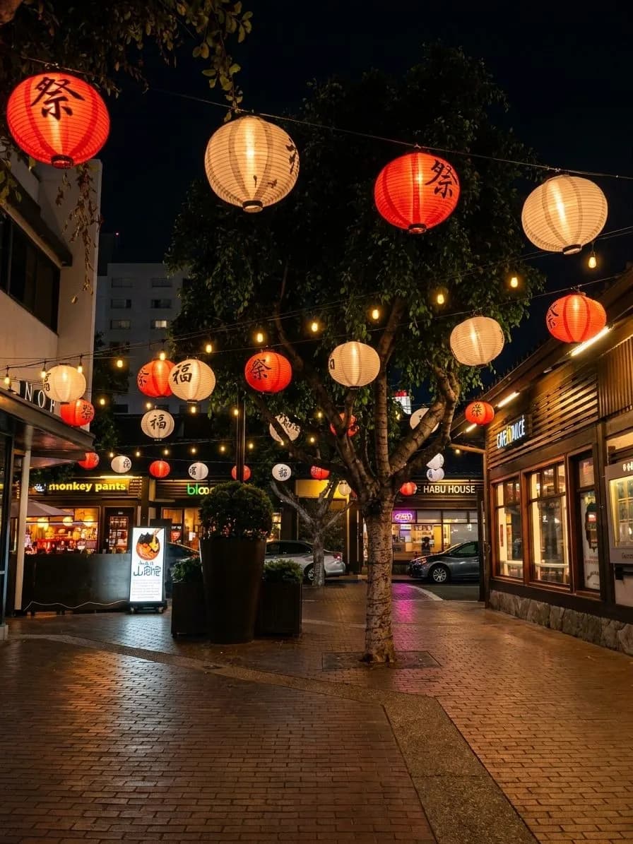 A sushi counter glowing at night in Los Angeles with the street outside just visible.