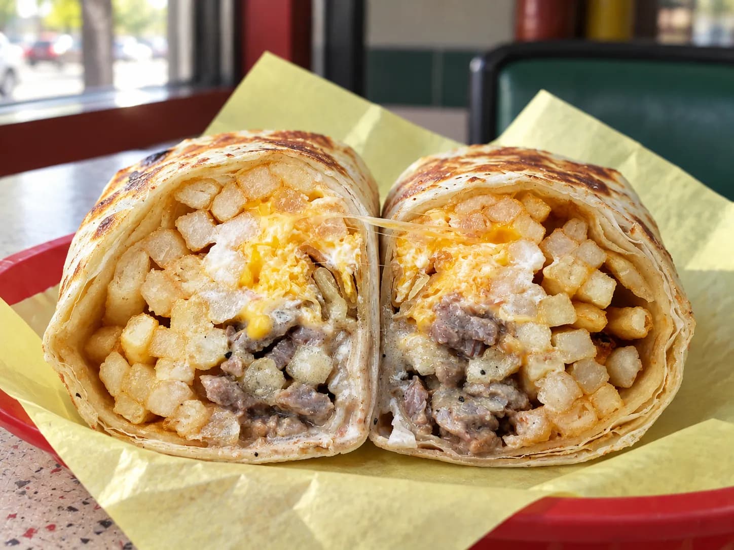 Compact flour-tortilla burrito cut in half on a paper-lined tray, exterior griddled golden and blistered, dense filling of stewed meat and beans exposed at the cut face