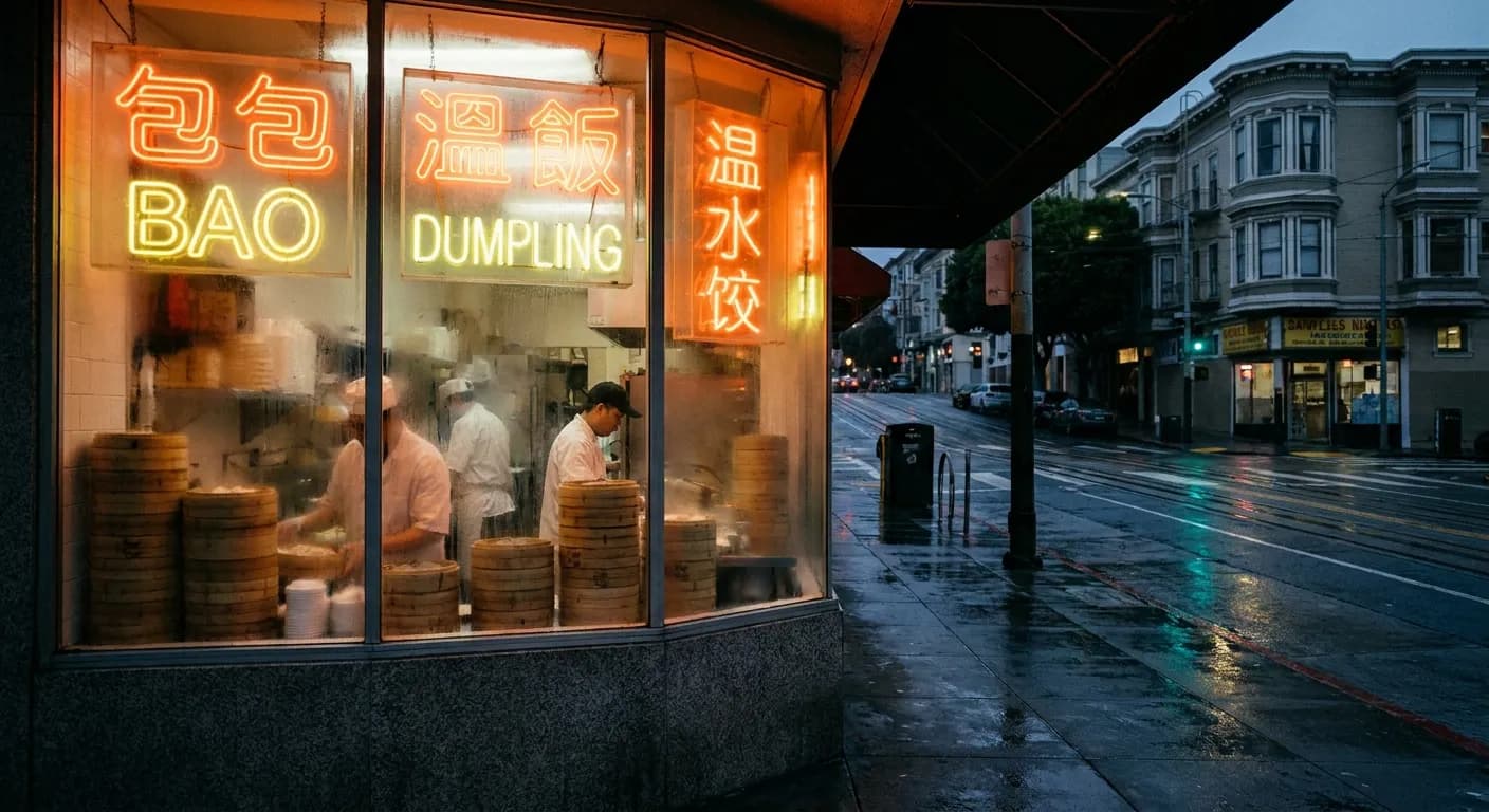 Neon-lit dumpling shop window at night with steam fogging the glass