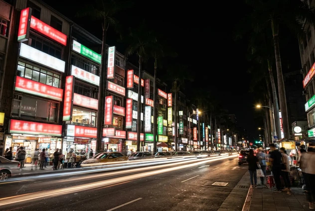 A Koreatown street at night dense with illuminated signs stacked up building facades