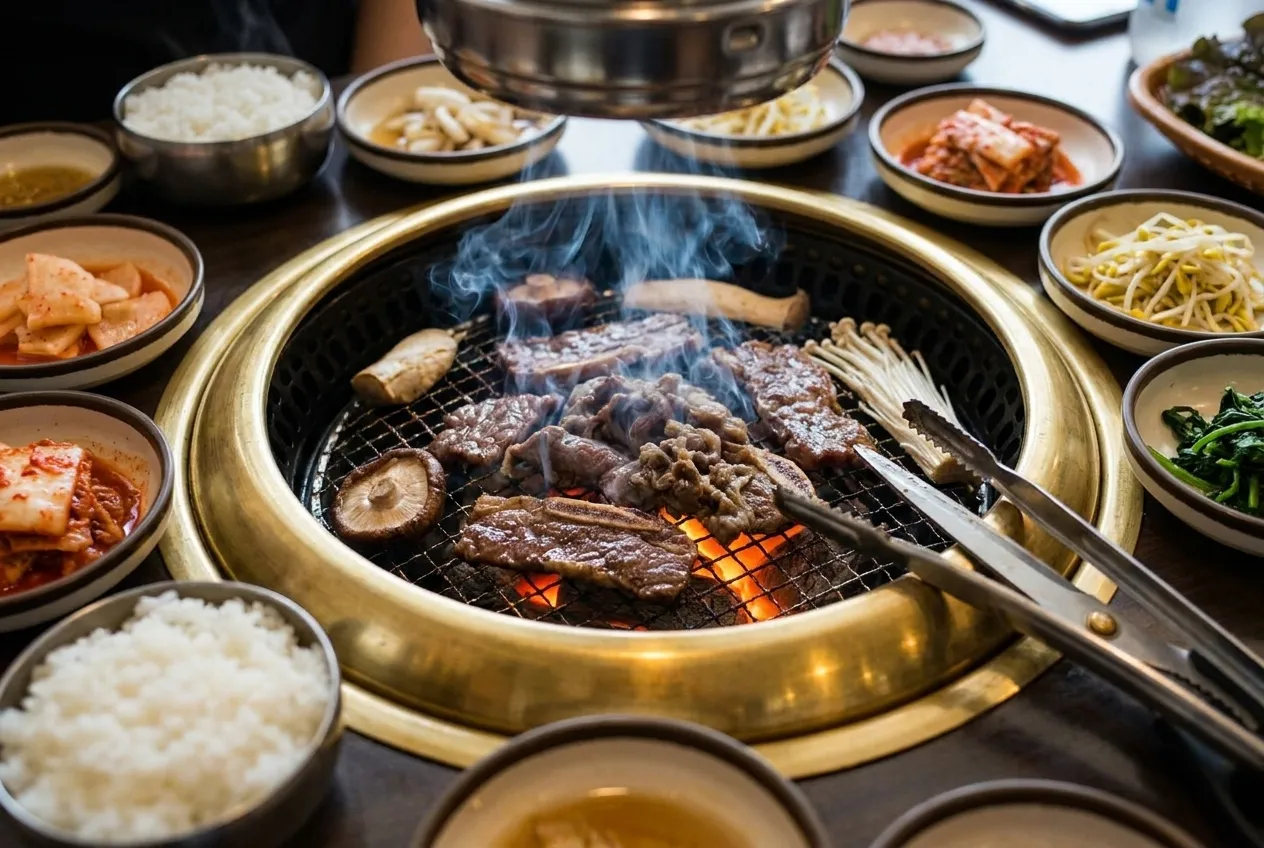 Korean barbecue grilling over coals at a table with tongs and side dishes