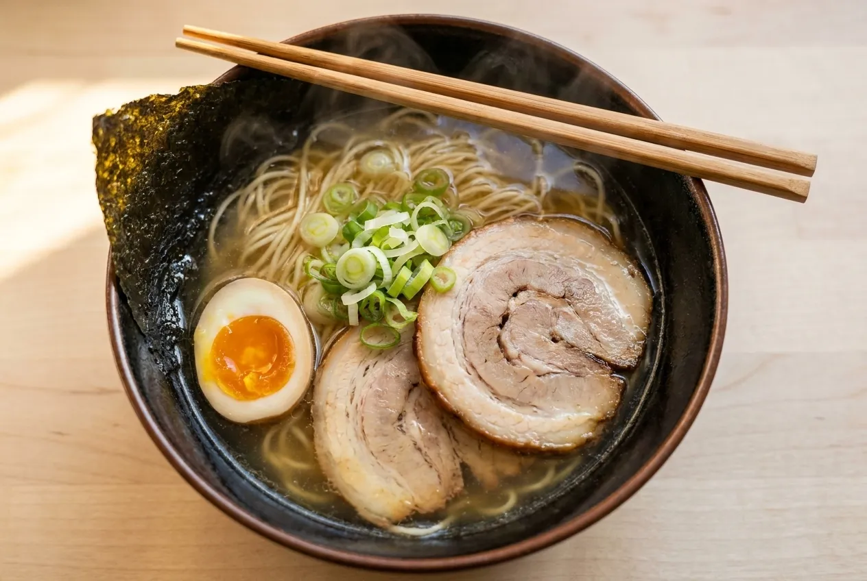 A bowl of clear-broth ramen with chashu and a soft egg on a wooden counter