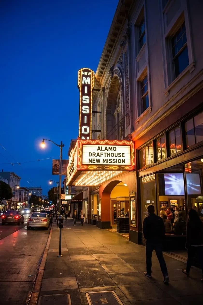 Illuminated marquee and entrance of Alamo Drafthouse New Mission theater on Mission Street at night