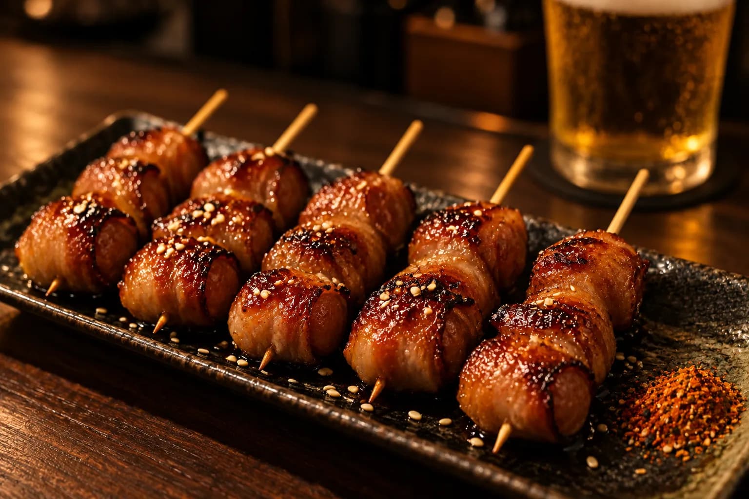 Grilled yakitori skewers charred over coals with a lacquered glaze, arranged on a small rectangular plate