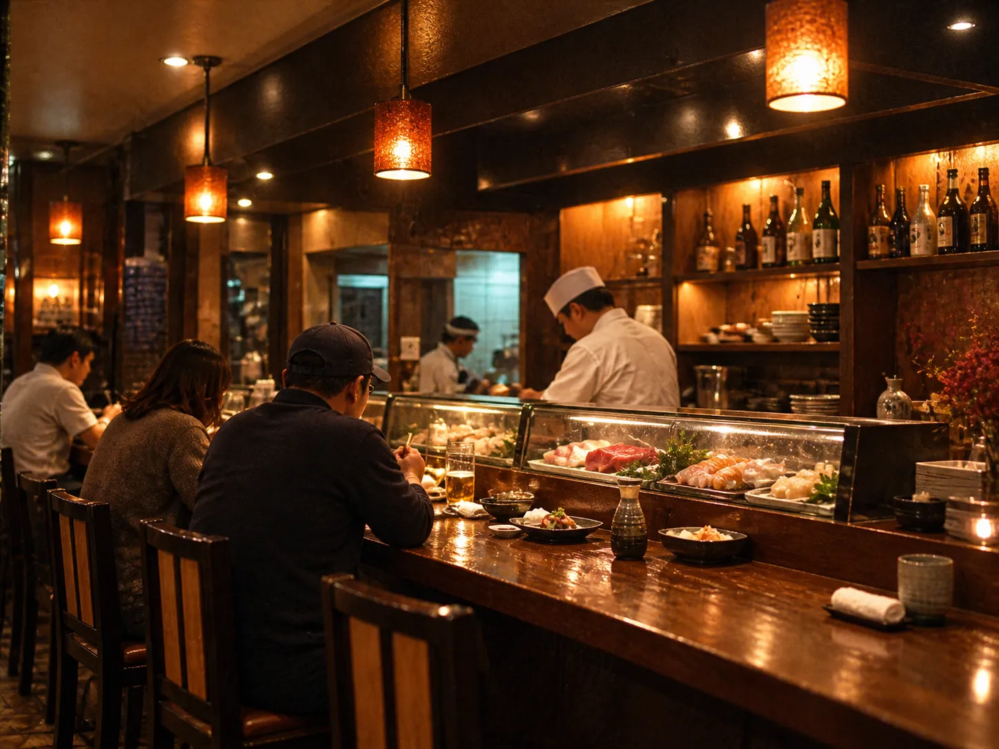 A sushi bar counter at night with a chef working behind the glass case and warm lights over dark wood