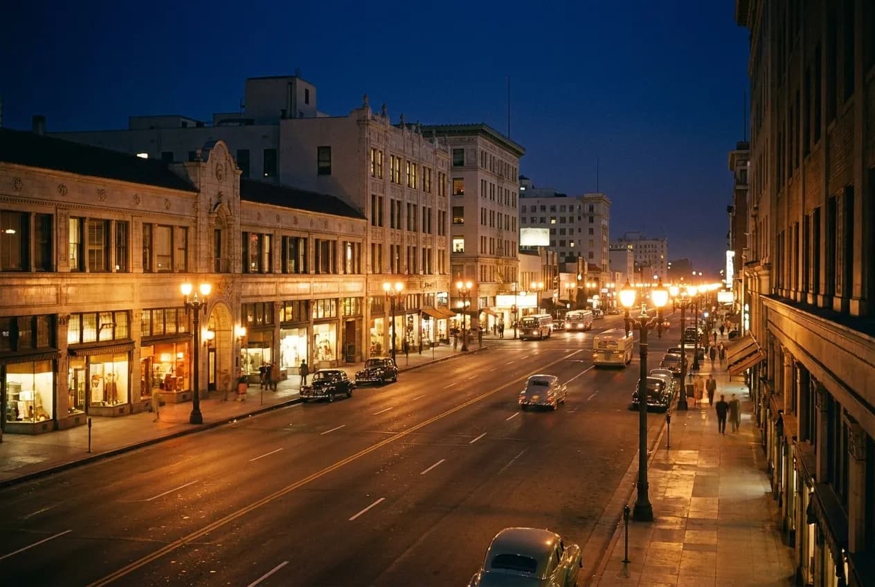 Wilshire Boulevard in Mid-Wilshire at night with street lights and commercial buildings