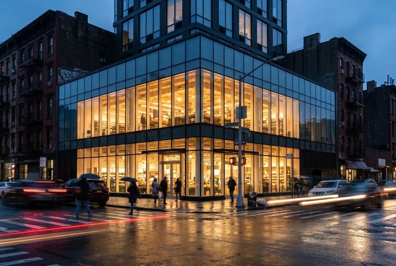Essex Market's glass exterior glowing at dusk on Delancey Street in Manhattan's Lower East Side.