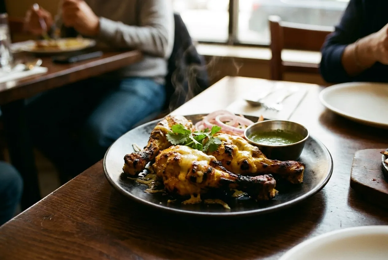 Grilled Tangri Kebab with saffron and cheese on a dark plate with green chutney.