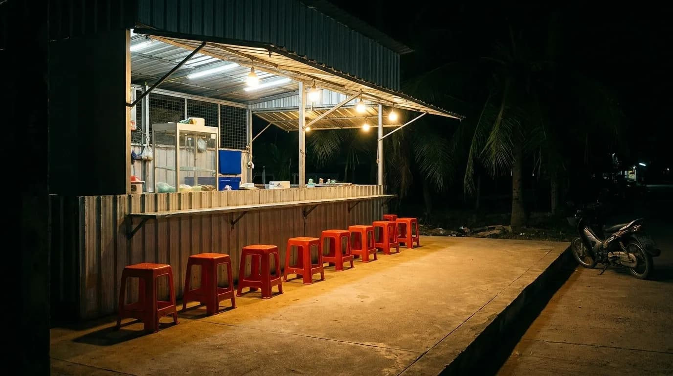 A lit walk-up counter on a quiet street after midnight with stools along the outside ledge and warm light spilling onto the pavement