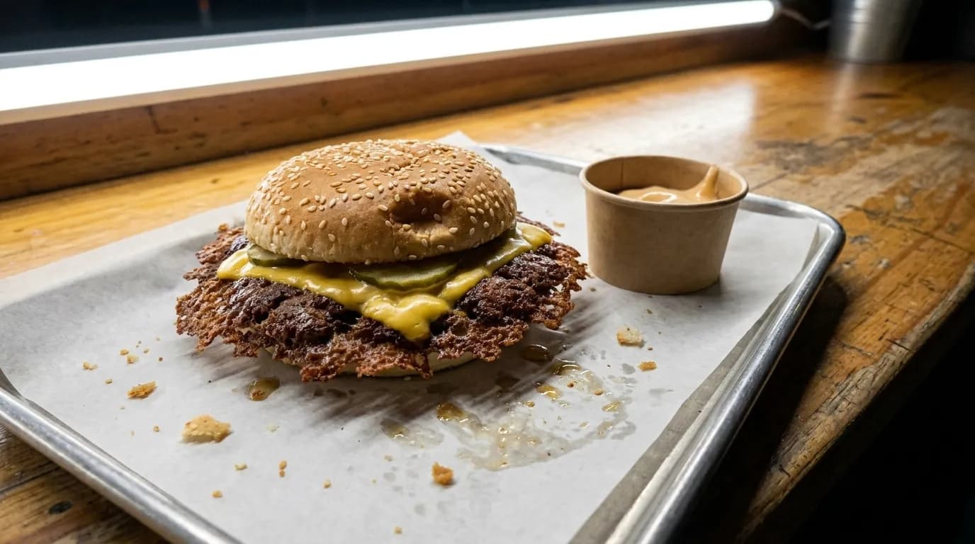 A smashed burger on a paper-lined tray with crisp lacy edges, melted cheese and a small paper cup of sauce beside it under hard counter light