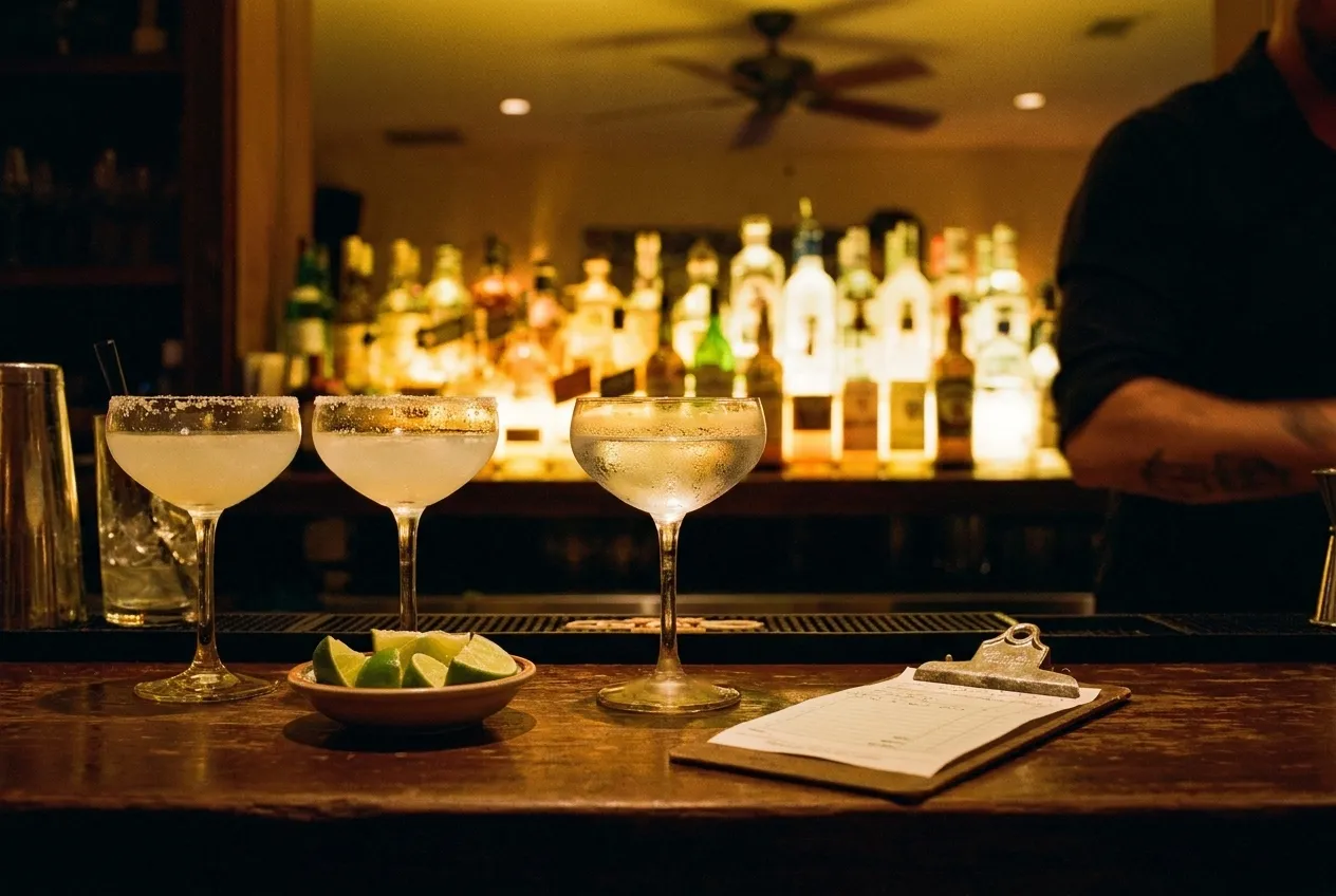 Margarita coupes with salt rims on a dark timber bar counter late at night in Miami, back bar bottles glowing out of focus behind