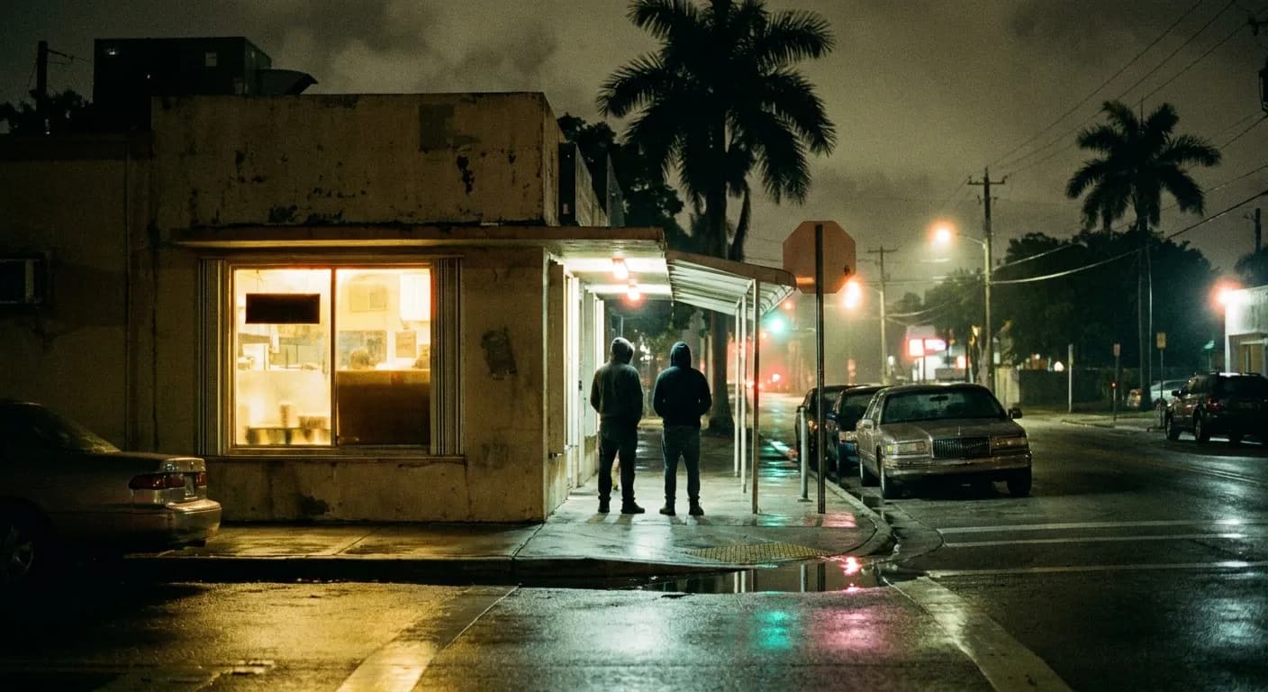 Warm-lit Venezuelan eatery window on a dark Miami street at night with a few people waiting outside