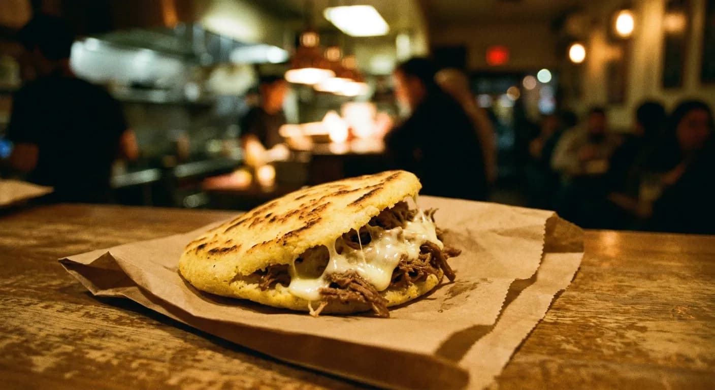 Grilled arepa split open with shredded beef and a pull of melted white cheese on a paper wrapper