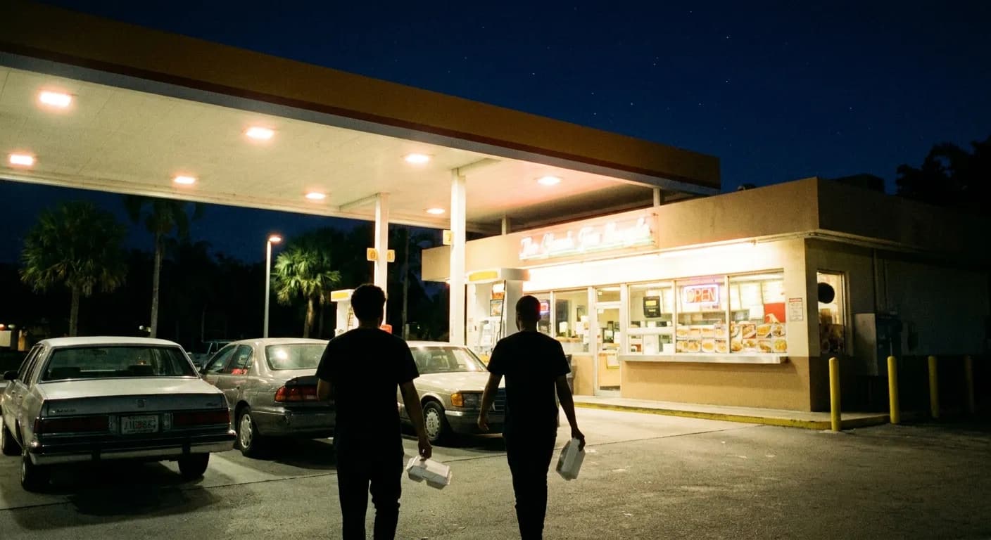 Fluorescent-lit gas station forecourt at night with customers carrying takeout food to their cars