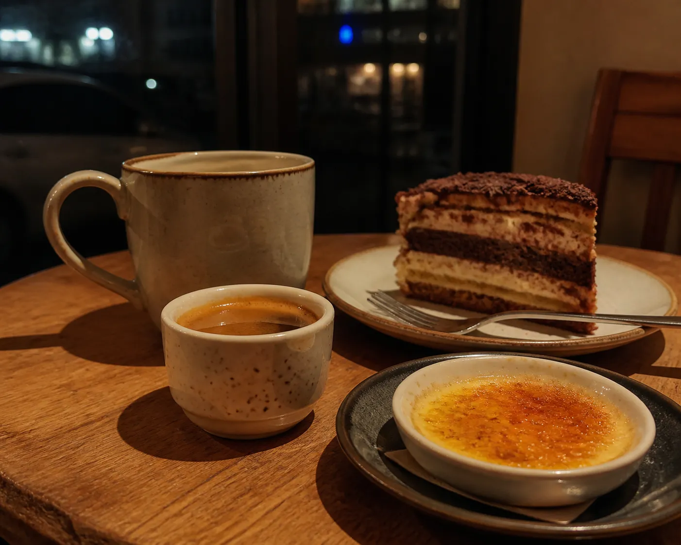 Late-night coffee and layered dessert on a small cafe table