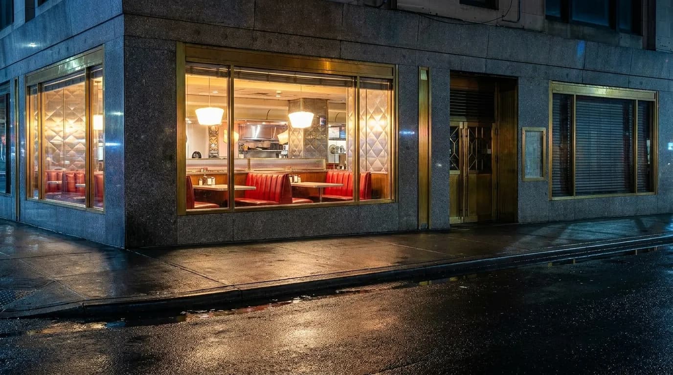 A lit diner window on a quiet Brooklyn corner after midnight, warm interior light spilling across wet pavement with empty booths visible through the glass