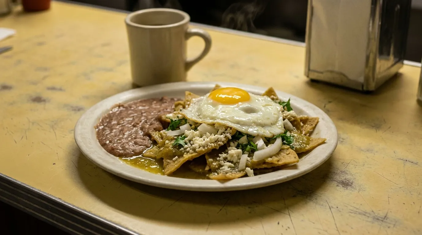 A short stack of griddled tortillas, eggs and salsa on a heavy diner plate under warm counter light, coffee cup and steel napkin dispenser just behind