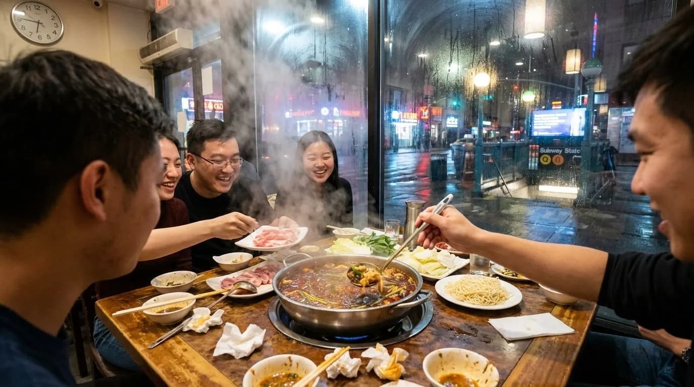NYC experience scene for Late-Night Hotpot Tables Near the Last Queens Train