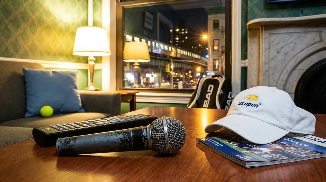 Photorealistic New York scene for Late-Night Karaoke Plans After US Open Matches in Queens.