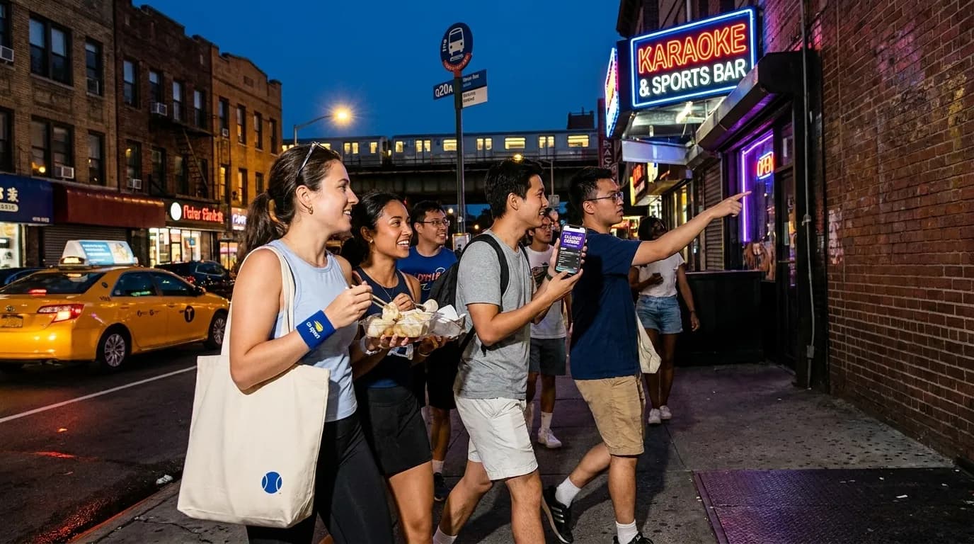 Bright editorial scene supporting Late-Night Karaoke Plans After US Open Matches in Queens.