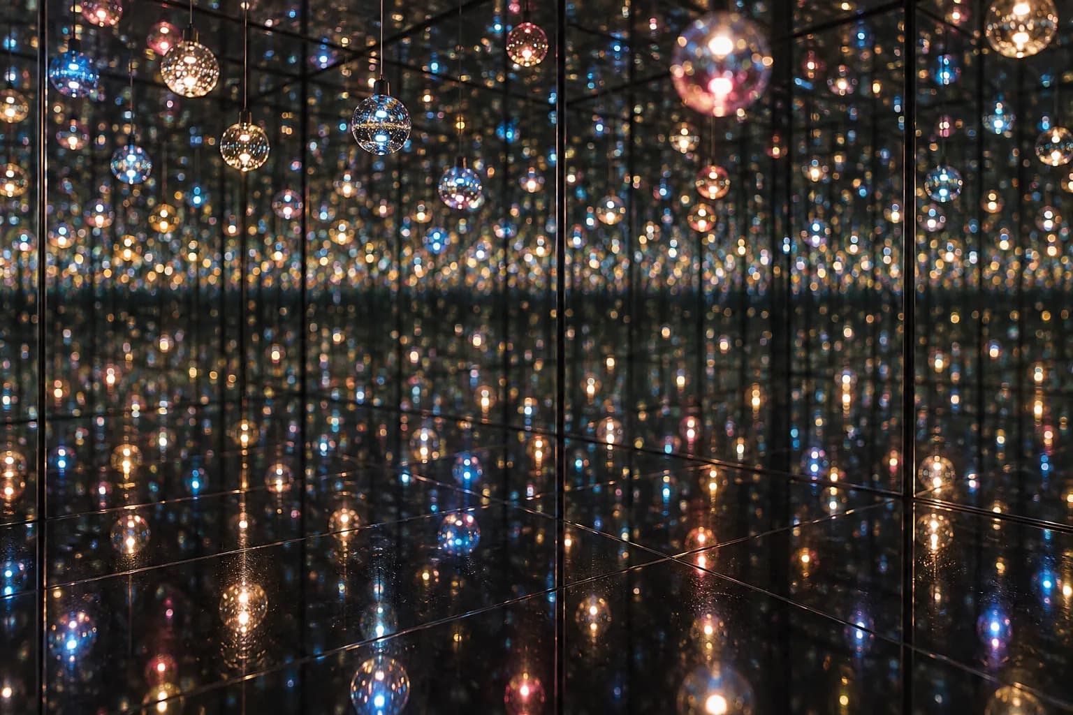 A mirrored room filled with hanging points of coloured light